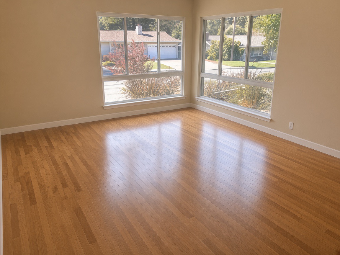 Front formal living room with hardwood floors and two large windows looking toward the street