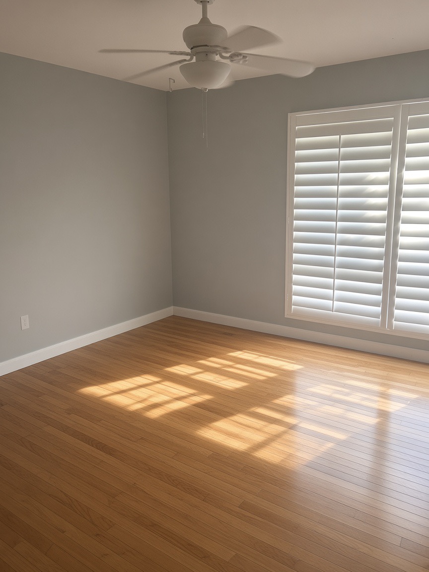 Bedroom with hardwood floors, a white ceiling fan, and sunlight through plantation shutters