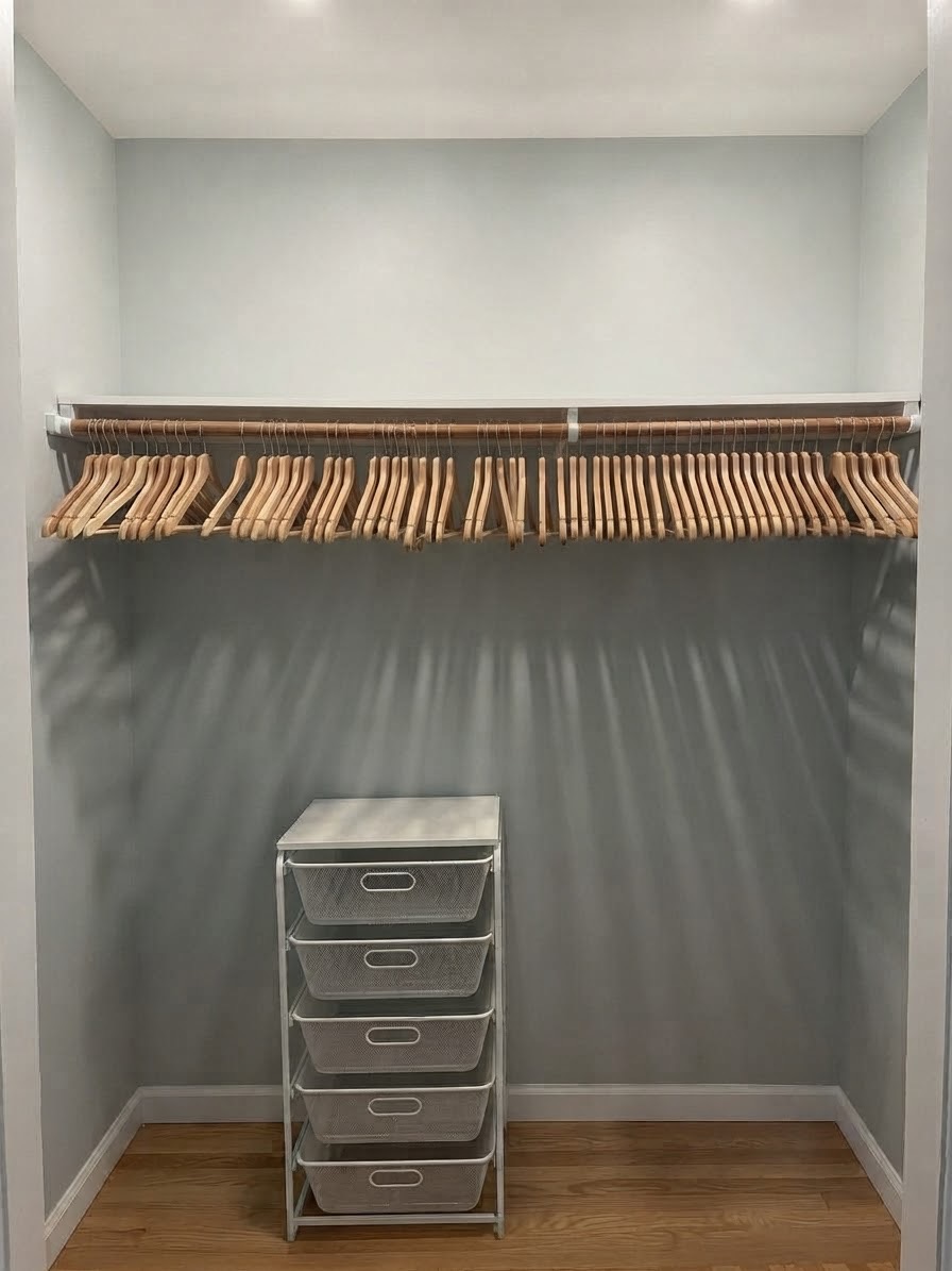 Closet with a long hanging rod of wooden hangers and a drawer unit