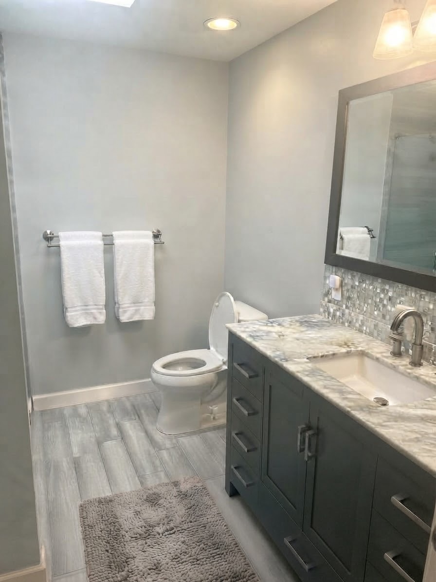 Bathroom with a gray vanity, marble counter, mosaic tile, and a skylight