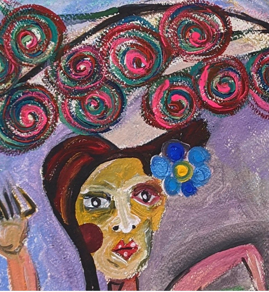 Painting: Woman Running by Tree. View 2.